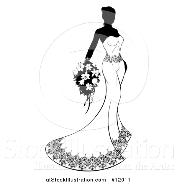 Vector Illustration of a Silhouetted Black and White Bride with Flowers