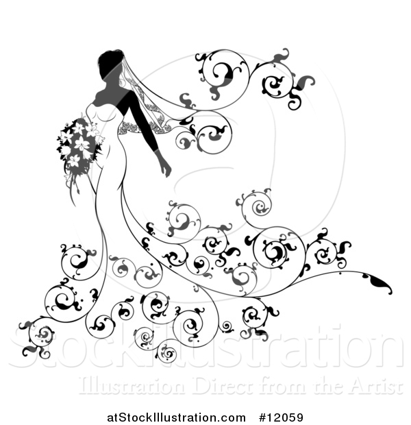 Vector Illustration of a Silhouetted Black and White Bride with Flowers