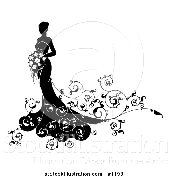 Vector Illustration of a Silhouetted Black and White Bride with Swirls