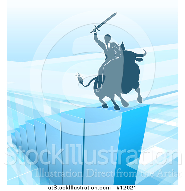 Vector Illustration of a Silhouetted Business Man Holding a Sword and Riding a Stock Market Bull on a Blue Bar Graph