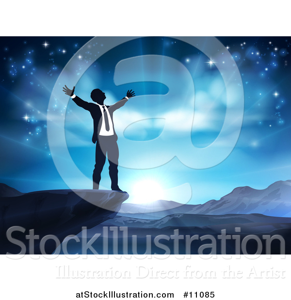 Vector Illustration of a Silhouetted Business Man in Worship, on a Cliff, Holding His Arms up to a Blue Sky over Mountains