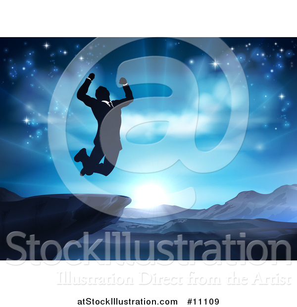 Vector Illustration of a Silhouetted Business Man Jumping and Cheering on a Cliff, Against a Blue Sky over Mountains