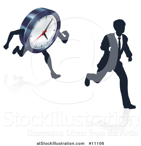 Vector Illustration of a Silhouetted Business Man Racing a Clock Character, with a Reflection