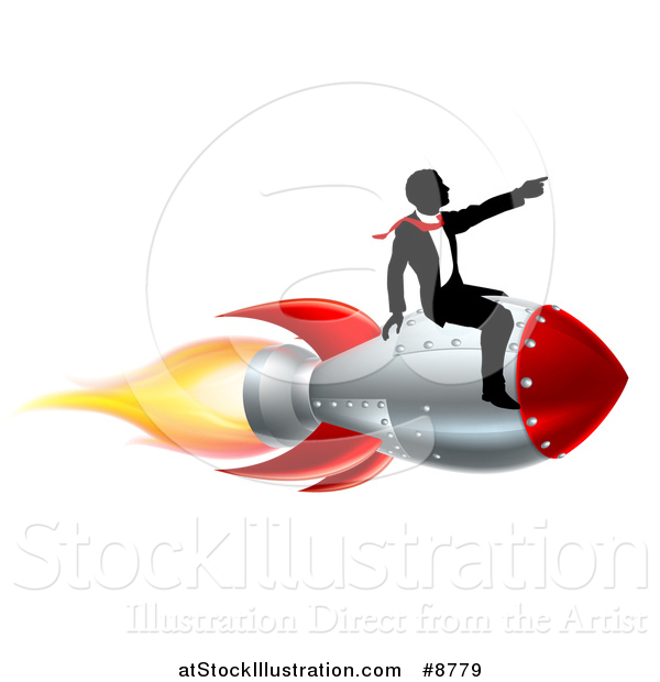 Vector Illustration of a Silhouetted Business Man Sitting on a 3d Rocket and Pointing Forward