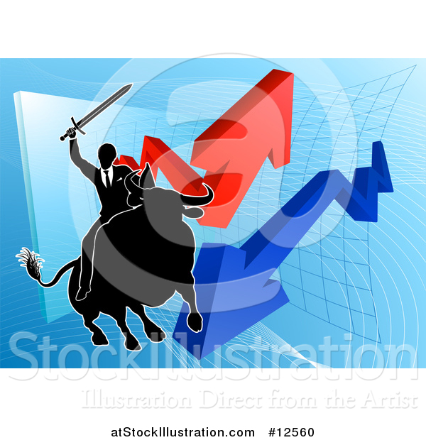 Vector Illustration of a Silhouetted Business Man Wielding a Sword and Riding a Stock Market Bull Against a Graph with Arrows