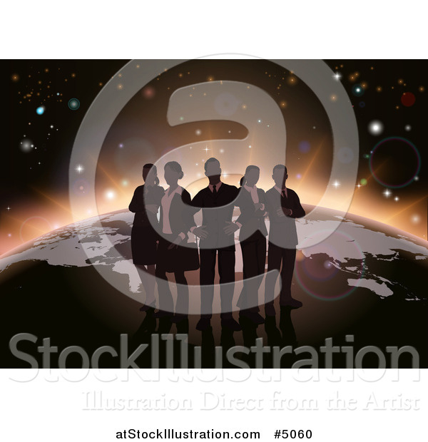 Vector Illustration of a Silhouetted Business Team over a Globe with Dawn Emerging