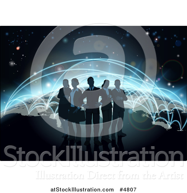 Vector Illustration of a Silhouetted Business Team over a Globe with Flight Paths