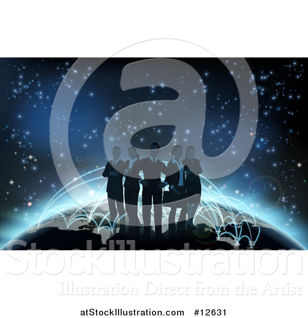 Vector Illustration of a Silhouetted Business Team Standing on a Globe with Glowing Paths