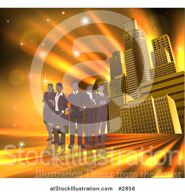 Vector Illustration of a Silhouetted Business Team Standing over a Golden Skyscraper Background