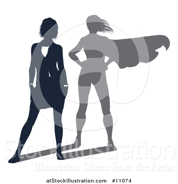 Vector Illustration of a Silhouetted Business Woman with a Super Hero Shadow