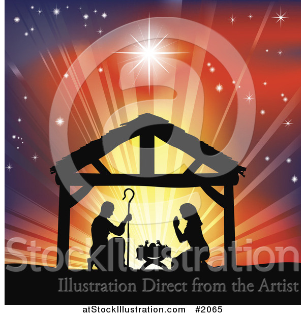 Vector Illustration of a Silhouetted Christian Christmas Nativity Scene Against a Colorful Shining Sky