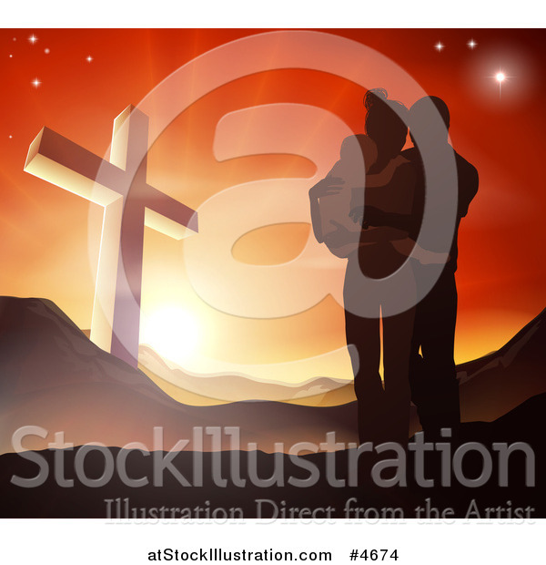 Vector Illustration of a Silhouetted Christian Family Huddling near a Cross at Sunset