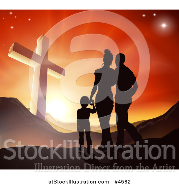 Vector Illustration of a Silhouetted Christian Family Walking Towards a Cross at Sunset
