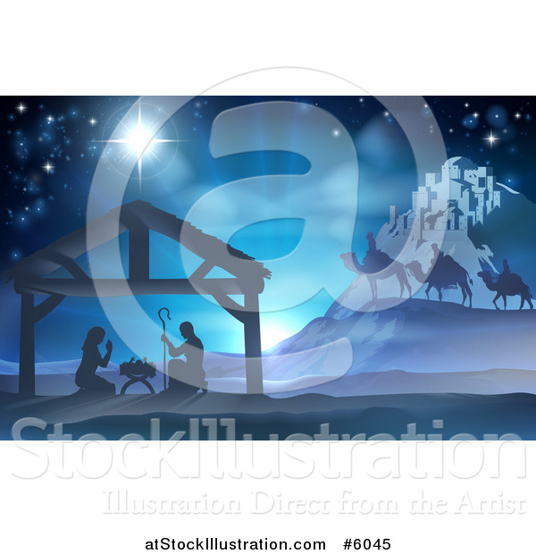 Vector Illustration of a Silhouetted Christmas Nativity Scene at the Manger with the Star of Bethlehem, Wise Men and Star