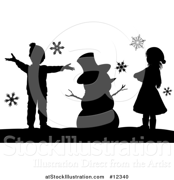 Vector Illustration of a Silhouetted Christmas Snowman with Children