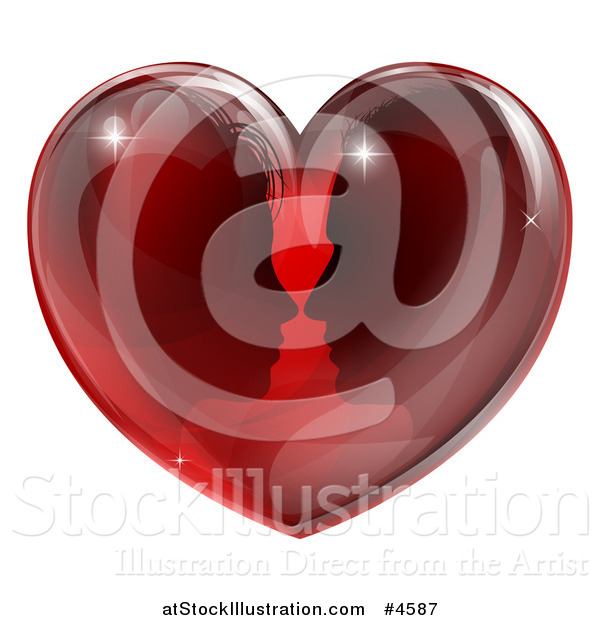 Vector Illustration of a Silhouetted Couple About to Kiss in a Reflective Red Heart