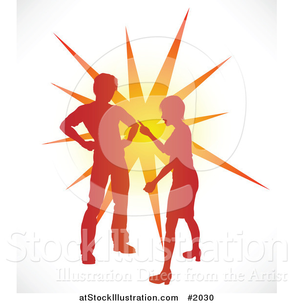 Vector Illustration of a Silhouetted Couple Fighting over an Orange Burst