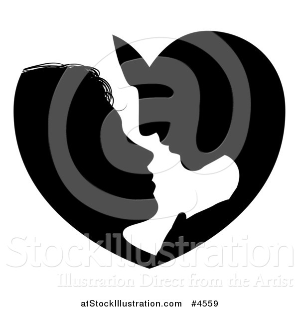 Vector Illustration of a Silhouetted Couple Forming a Heart As They Lean in for a Kiss