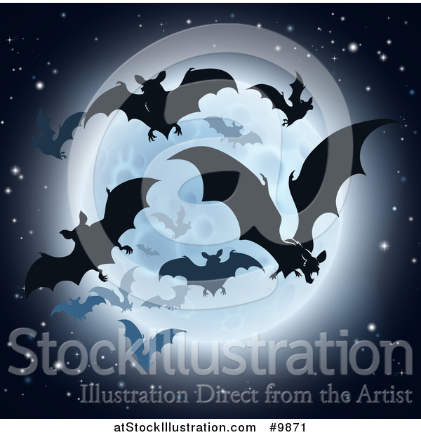 Vector Illustration of a Silhouetted Flying Vampire Bats and a Full Moon