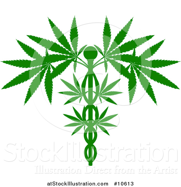 Vector Illustration of a Silhouetted Green Medical Marijuana Design with a Cannabis Plant Growing on a Caduceus