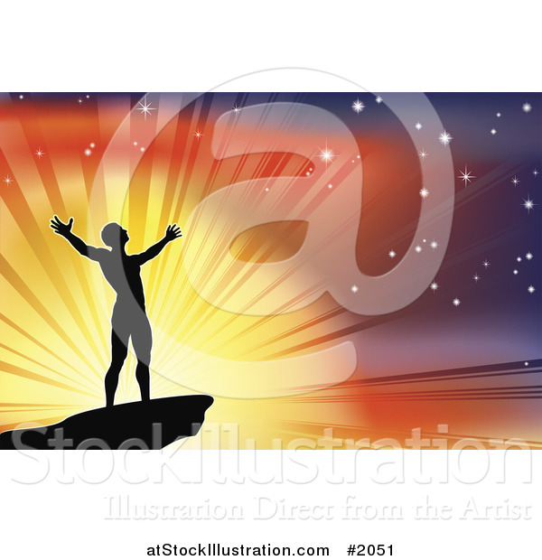 Vector Illustration of a Silhouetted Joyous Man Against a Glorious Sky