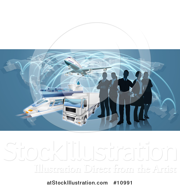 Vector Illustration of a Silhouetted Logistics Business Team Standing over a Map with a Plane, Truck, Train and Ship