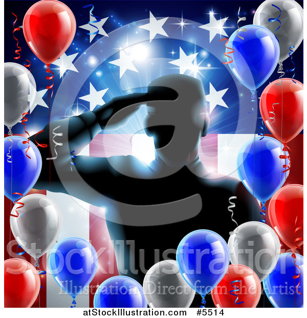 Vector Illustration of a Silhouetted Male Military Veteran Saluting over an American Flag and Balloons