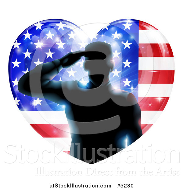 Vector Illustration of a Silhouetted Male Military Veteran Saluting over an American Flag Heart and Bursts