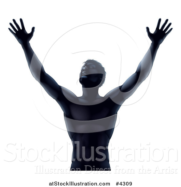 Vector Illustration of a Silhouetted Man Holding His Arms up to the Sky