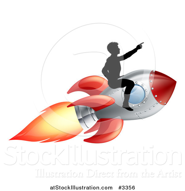 Vector Illustration of a Silhouetted Man Pointing and Riding on a Rocket
