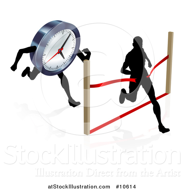 Vector Illustration of a Silhouetted Man Running Through a Finish Line Before a Clock Character