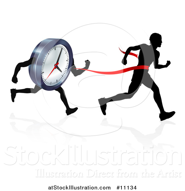 Vector Illustration of a Silhouetted Man Running Through a Finish Line Before a Clock Character