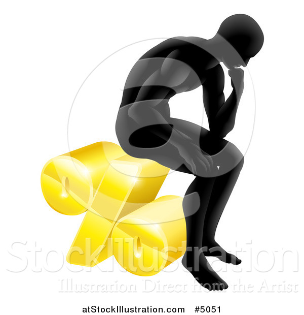 Vector Illustration of a Silhouetted Man Thinking and Sitting on a 3d Percent Symbol