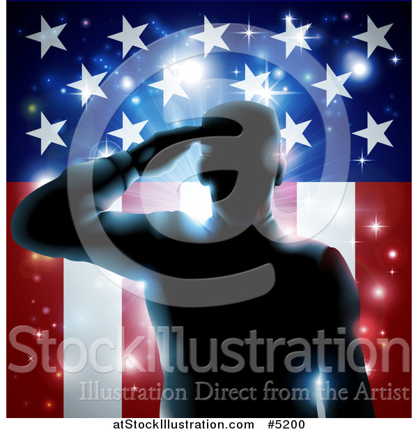 Vector Illustration of a Silhouetted Military Veteran Saluting over an American Flag and Bursts