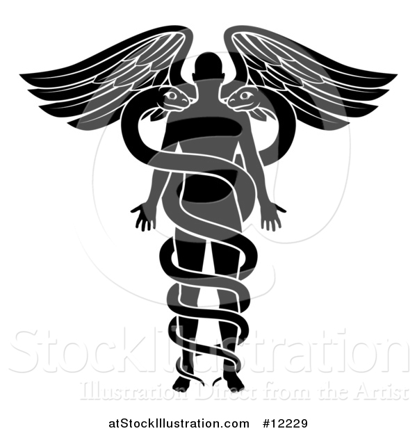 Vector Illustration of a Silhouetted Person As the Rod in a Medical Snake and Wing Caduceus, Black and White