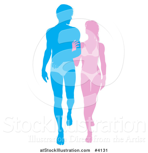 Vector Illustration of a Silhouetted Pink and Blue Beach Couple Walking Arm in Arm in Beach Wear