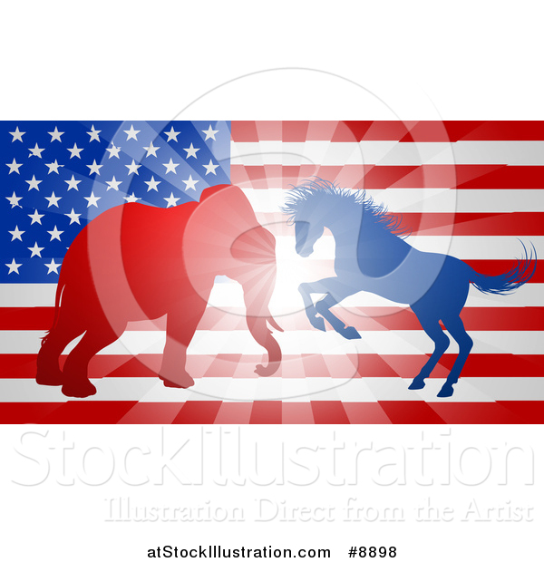 Vector Illustration of a Silhouetted Political Aggressive Democratic Donkey or Horse and Republican Elephant Battling over an American Flag and Burst