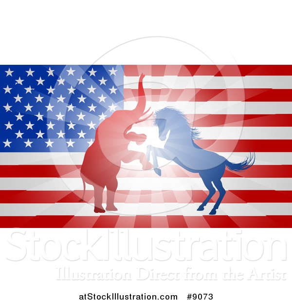 Vector Illustration of a Silhouetted Political Aggressive Democratic Donkey or Horse and Republican Elephant Battling over an American Flag and Burst
