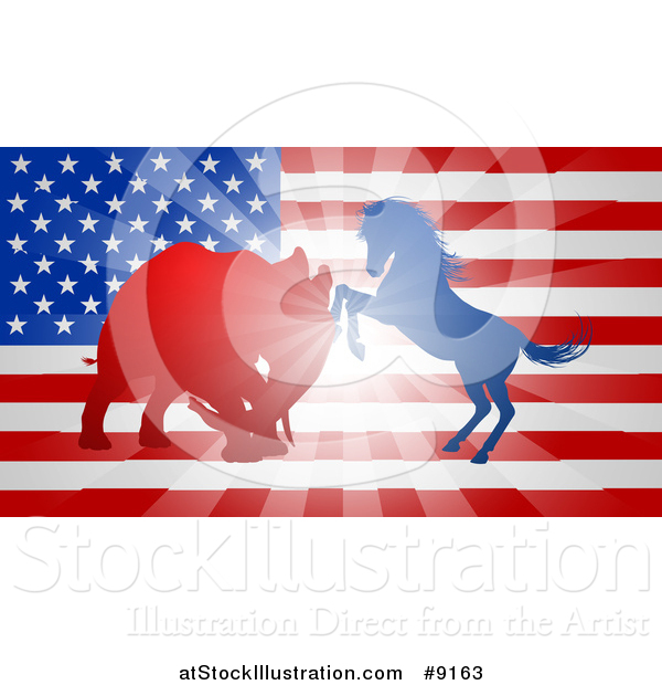 Vector Illustration of a Silhouetted Political Aggressive Democratic Donkey or Horse and Republican Elephant Battling over an American Flag and Burst