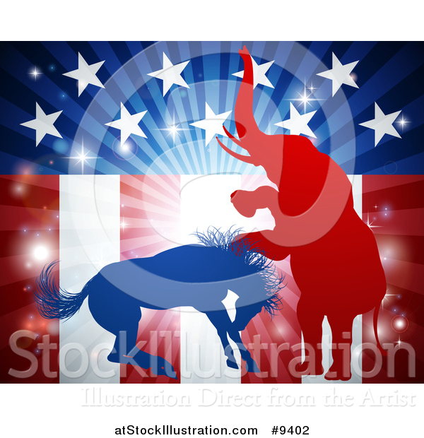 Vector Illustration of a Silhouetted Political Aggressive Democratic Donkey or Horse and Republican Elephant Battling over an American Flag and Burst