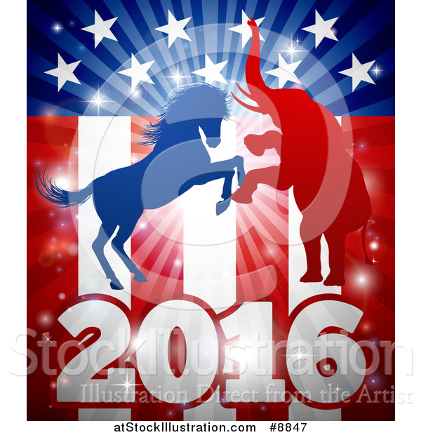 Vector Illustration of a Silhouetted Political Aggressive Democratic Donkey or Horse and Republican Elephant Fighting over a 2016 American Flag and Burst