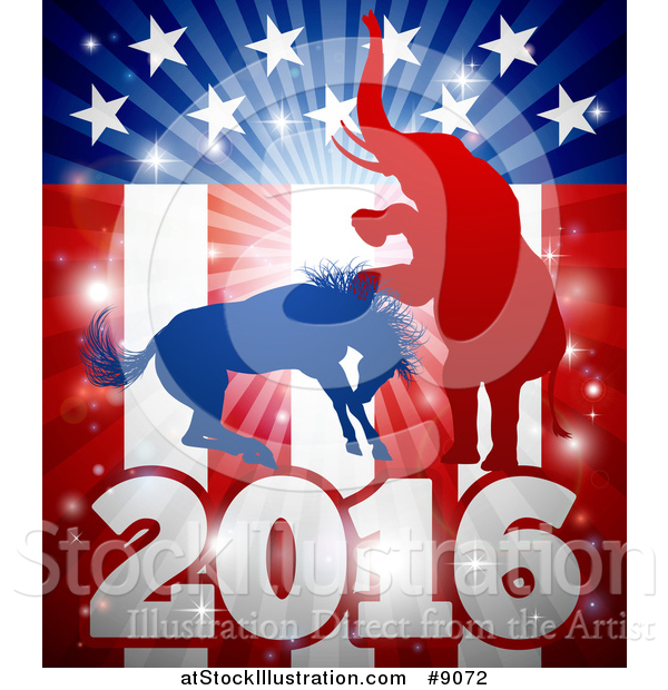 Vector Illustration of a Silhouetted Political Aggressive Democratic Donkey or Horse and Republican Elephant Fighting over a 2016 American Flag and Burst