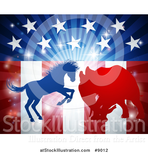 Vector Illustration of a Silhouetted Political Aggressive Democratic Donkey or Horse and Republican Elephant Fighting over American Stars and Stripes and a Burst