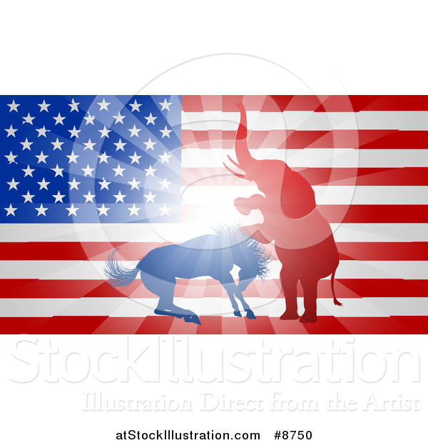 Vector Illustration of a Silhouetted Political Aggressive Democratic Donkey or Horse and Republican Elephant Fighting over an American Flag and Burst