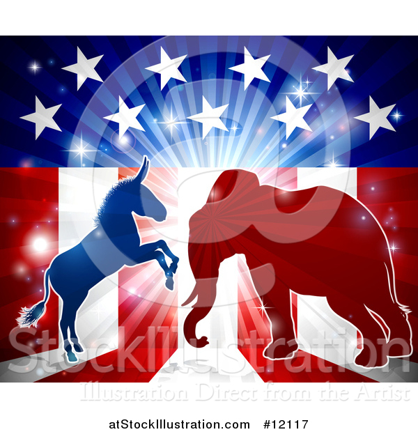 Vector Illustration of a Silhouetted Political Democratic Donkey and Republican Elephant Fighting over an American Design and Burst