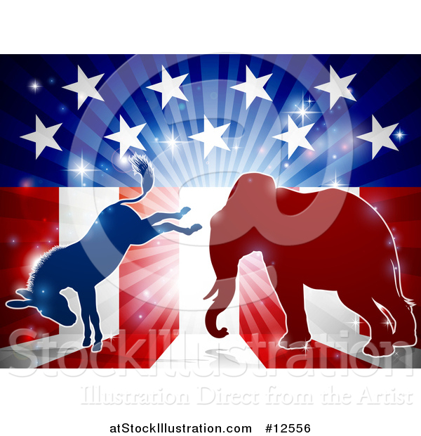 Vector Illustration of a Silhouetted Political Democratic Donkey and Republican Elephant Fighting over an American Design and Burst