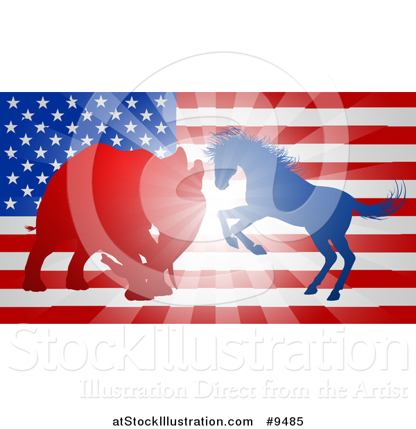 Vector Illustration of a Silhouetted Political Democratic Donkey or Horse and Republican Elephant Battling over an American Flag and Burst