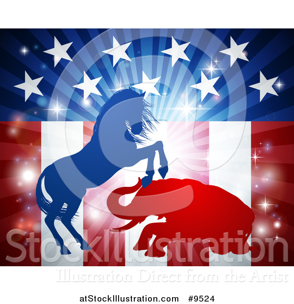 Vector Illustration of a Silhouetted Political Democratic Donkey or Horse and Republican Elephant Fighting over an American Design and Burst