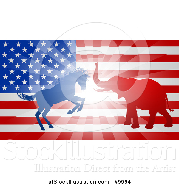 Vector Illustration of a Silhouetted Political Democratic Donkey or Horse and Republican Elephant Fighting over an American Design and Burst