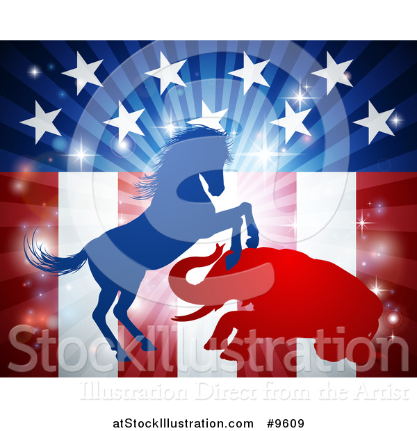 Vector Illustration of a Silhouetted Political Democratic Donkey or Horse and Republican Elephant Fighting over an American Design and Burst